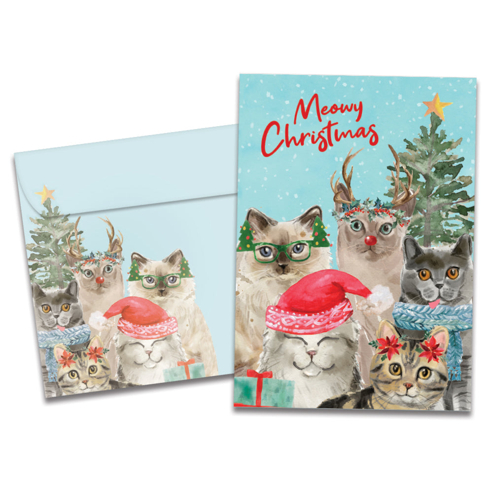 Cat Selfie Watercolor 10 ct Holiday Greeting Card Set