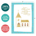 Load image into Gallery viewer, The cover of Tree-Free’s In His Sight card with lines demonstrating its 5x7 dimensions, along with the following text: “100% PCW recycled paper, proudly made in the USA, sustainably printed on extra-thick card stock”

