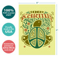 Load image into Gallery viewer, The cover of Tree-Free’s Karma Turtle card with lines demonstrating its 5x7 dimensions, along with the following text: “100% PCW recycled paper, proudly made in the USA, sustainably printed on extra-thick card stock”
