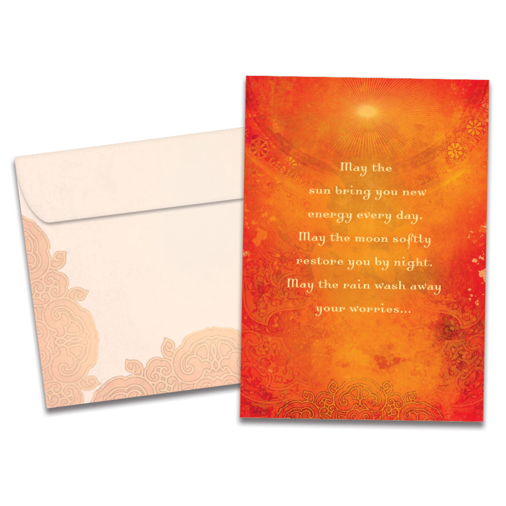 The cover of Tree-Free's May The Sun card, along with its matching envelope.