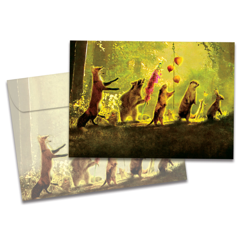 The cover of Tree-Free's Secret Parade card, along with its matching envelope.