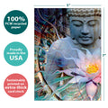 Load image into Gallery viewer, The cover of Tree-Free’s Living Radiance All Occasion Card card with lines demonstrating its 5x7 dimensions, along with the following text: “100% PCW recycled paper, proudly made in the USA, sustainably printed on extra-thick card stock”
