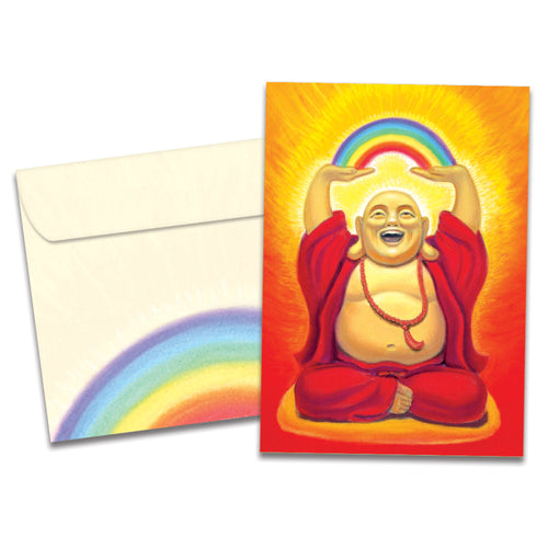 The cover of Tree-Free's Laughing Buddha card, along with its matching envelope.