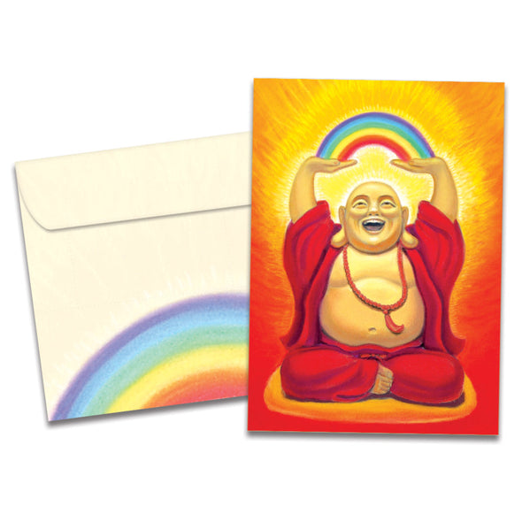 The cover of Tree-Free's Laughing Buddha card, along with its matching envelope.