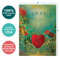 Load image into Gallery viewer, The cover of Tree-Free’s Always Love Card card with lines demonstrating its 5x7 dimensions, along with the following text: “100% PCW recycled paper, proudly made in the USA, sustainably printed on extra-thick card stock”
