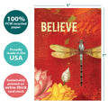 Load image into Gallery viewer, The cover of Tree-Free’s Believe card with lines demonstrating its 5x7 dimensions, along with the following text: “100% PCW recycled paper, proudly made in the USA, sustainably printed on extra-thick card stock”
