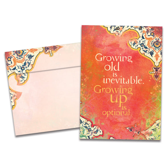 The cover of Tree-Free's Growing Up Is Inevitable card, along with its matching envelope.