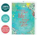 Load image into Gallery viewer, The cover of Tree-Free’s Remember Your Life card with lines demonstrating its 5x7 dimensions, along with the following text: “100% PCW recycled paper, proudly made in the USA, sustainably printed on extra-thick card stock”
