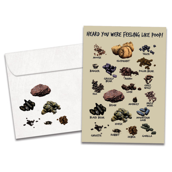 The cover of Tree-Free's Feeling Like Poop card, along with its matching envelope.
