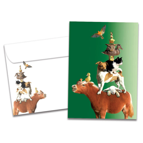 The cover of Tree-Free's Piled High card, along with its matching envelope.