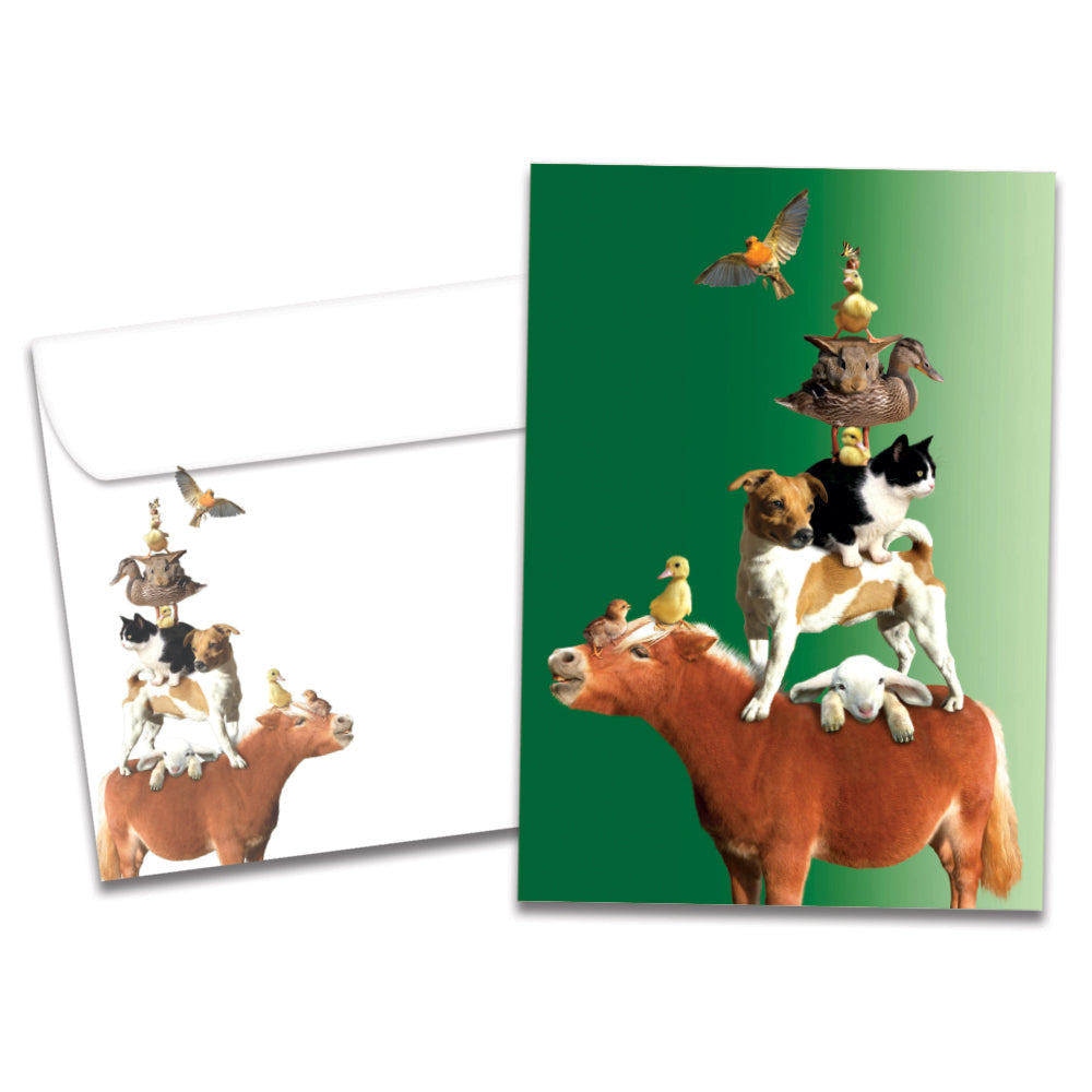 The cover of Tree-Free's Piled High card, along with its matching envelope.