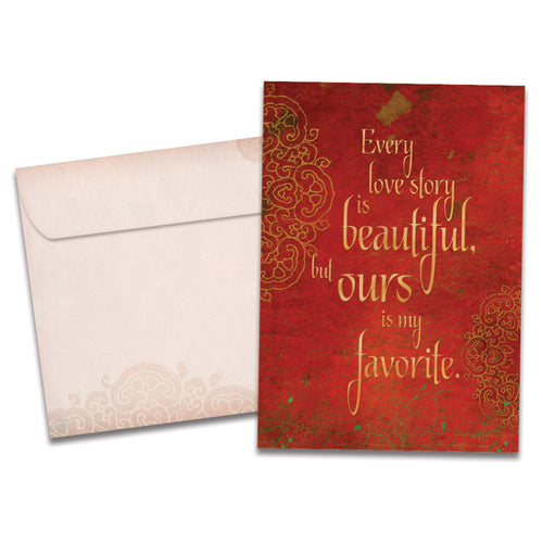 The cover of Tree-Free's Every Love Story card, along with its matching envelope.