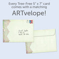 Load image into Gallery viewer, The envelope for Tree-Free’s One Size Fits All card, along with the following text: “Every Tree-Free 5x7 card comes with a matching ARTvelope!”
