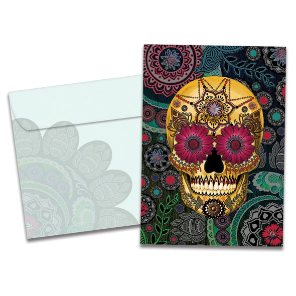 The cover of Tree-Free's Sugar Skull Paisley card, along with its matching envelope.