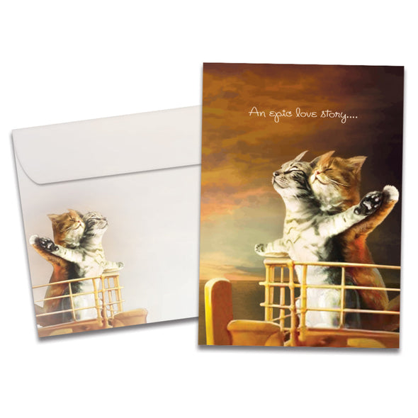 Cover of Cat Titanic Anniversary card (featuring script text above artwork of two cats recreating the king of the world scene from the film Titanic) and its matching envelope