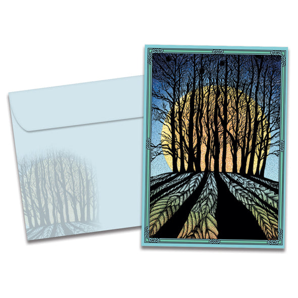 The cover of Tree-Free's Winter Solstice card, along with its matching envelope.