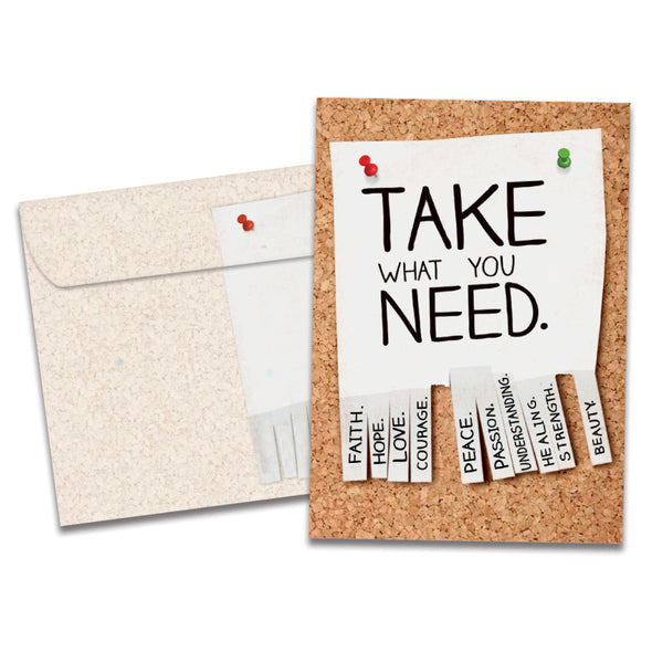 The cover of Tree-Free's Take What You Need Support Card card, along with its matching envelope.