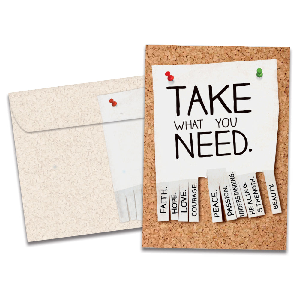 The cover of Tree-Free's Take What You Need card, along with its matching envelope.