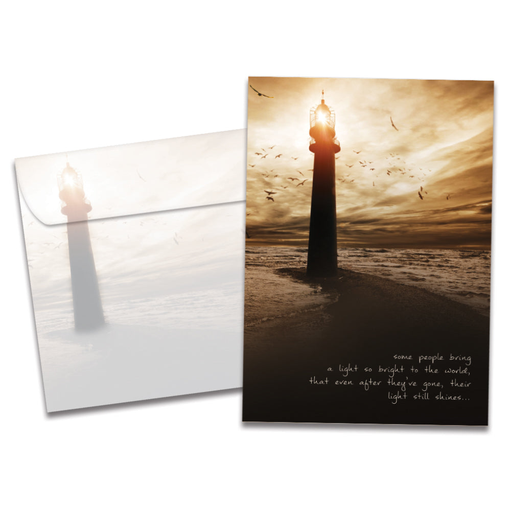 The cover of Tree-Free's Light So Bright Sympathy Card card, along with its matching envelope.