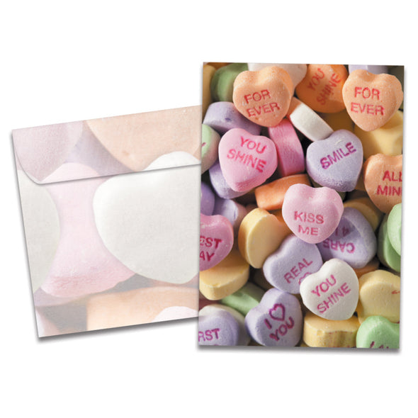 The cover of Tree-Free's Candy Hearts Valentine card, along with its matching envelope.