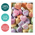 Load image into Gallery viewer, The cover of Tree-Free’s Candy Hearts Valentine card with lines demonstrating its 5x7 dimensions, along with the following text: “100% PCW recycled paper, proudly made in the USA, sustainably printed on extra-thick card stock”

