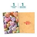 Load image into Gallery viewer, The cover and inside of Tree-Free’s Candy Hearts Valentine card, along with the following text: “1 greeting card, 1 matching envelope”
