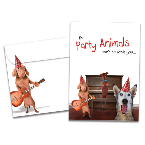 The cover of Tree-Free's Party Animals card, along with its matching envelope.