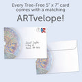 Load image into Gallery viewer, The envelope for Tree-Free’s Winter Solstice Mandala card, along with the following text: “Every Tree-Free 5x7 card comes with a matching ARTvelope!”
