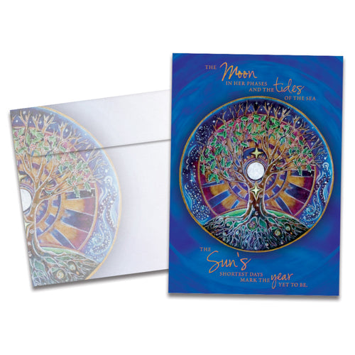 The cover of Tree-Free's Winter Solstice Mandala Solstice Card card, along with its matching envelope.