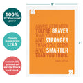 Load image into Gallery viewer, The cover of Tree-Free’s Braver Stronger Smarter card with lines demonstrating its 5x7 dimensions, along with the following text: “100% PCW recycled paper, proudly made in the USA, sustainably printed on extra-thick card stock”
