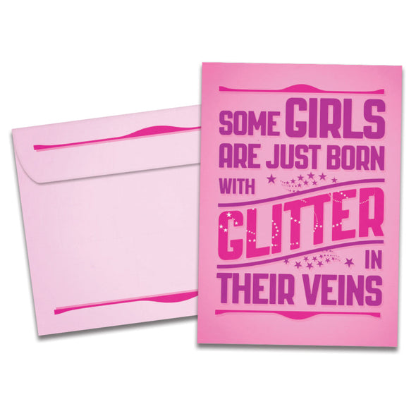 The cover of Tree-Free's Glitter Girls card, along with its matching envelope.