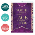 Load image into Gallery viewer, The cover of Tree-Free’s Work of Art card with lines demonstrating its 5x7 dimensions, along with the following text: “100% PCW recycled paper, proudly made in the USA, sustainably printed on extra-thick card stock”
