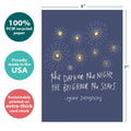 Load image into Gallery viewer, The cover of Tree-Free’s Brighter Stars card with lines demonstrating its 5x7 dimensions, along with the following text: “100% PCW recycled paper, proudly made in the USA, sustainably printed on extra-thick card stock”
