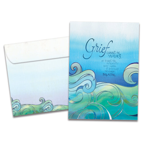 The cover of Tree-Free's In Waves Sympathy Card card, along with its matching envelope.