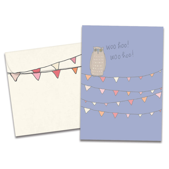 The cover of Tree-Free's Woo Hoo Owl card, along with its matching envelope.