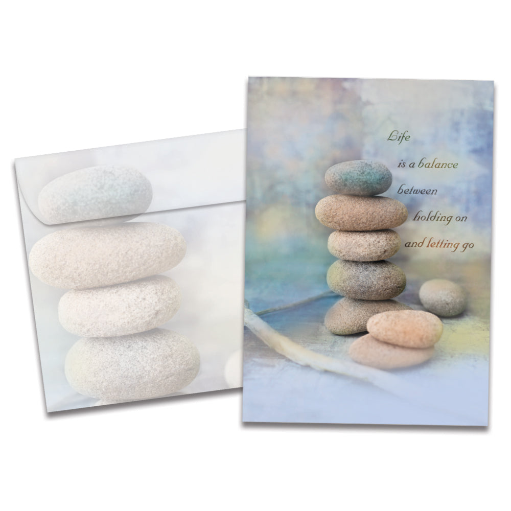 The cover of Tree-Free's Life Is A Balance card, along with its matching envelope.