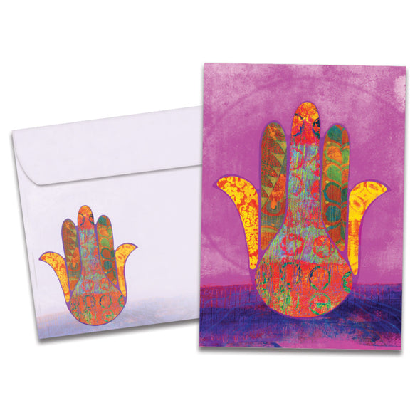The cover of Tree-Free's Hamsa Blessings card, along with its matching envelope.