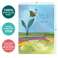Load image into Gallery viewer, The cover of Tree-Free’s Faith Friends Family card with lines demonstrating its 5x7 dimensions, along with the following text: “100% PCW recycled paper, proudly made in the USA, sustainably printed on extra-thick card stock”
