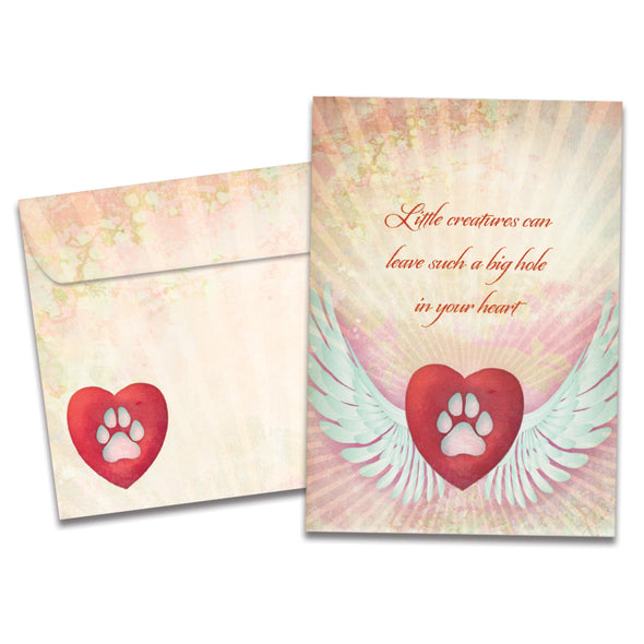 The cover of Tree-Free's Little Creatures Pet Sympathy Card card, along with its matching envelope.