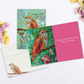 Load image into Gallery viewer, The inside of Tree-Free’s Rufous Hummingbird card, with the cover and envelope in the background.
