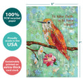 Load image into Gallery viewer, The cover of Tree-Free’s Rufous Hummingbird card with lines demonstrating its 5x7 dimensions, along with the following text: “100% PCW recycled paper, proudly made in the USA, sustainably printed on extra-thick card stock”
