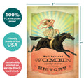 Load image into Gallery viewer, The cover of Tree-Free’s Well Behaved Women card with lines demonstrating its 5x7 dimensions, along with the following text: “100% PCW recycled paper, proudly made in the USA, sustainably printed on extra-thick card stock”
