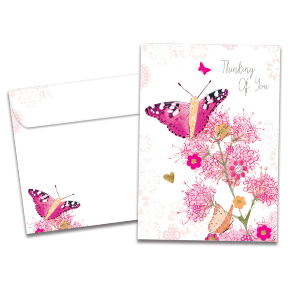 The cover of Tree-Free's Thinking Of You Butterfly Support Card card, along with its matching envelope.