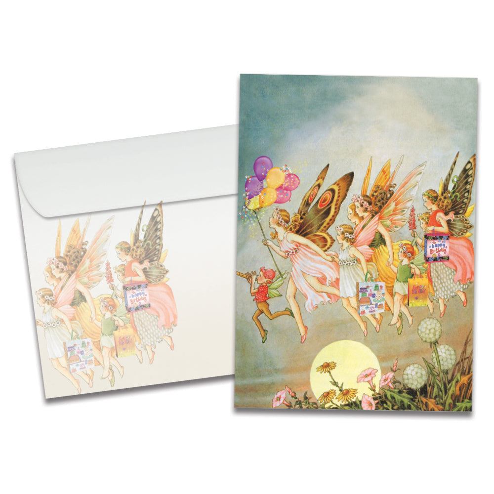 The cover of Tree-Free's Fairie Celebration card, along with its matching envelope.