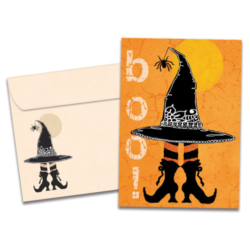 The cover of Tree-Free's Witch Way Halloween Card card, along with its matching envelope.