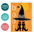 Load image into Gallery viewer, The cover of Tree-Free’s Witch Way Halloween Card card with lines demonstrating its 5x7 dimensions, along with the following text: “100% PCW recycled paper, proudly made in the USA, sustainably printed on extra-thick card stock”
