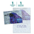 Load image into Gallery viewer, The cover and inside of Tree-Free’s Healing Raven Support Card card, along with the following text: “1 greeting card, 1 matching envelope”
