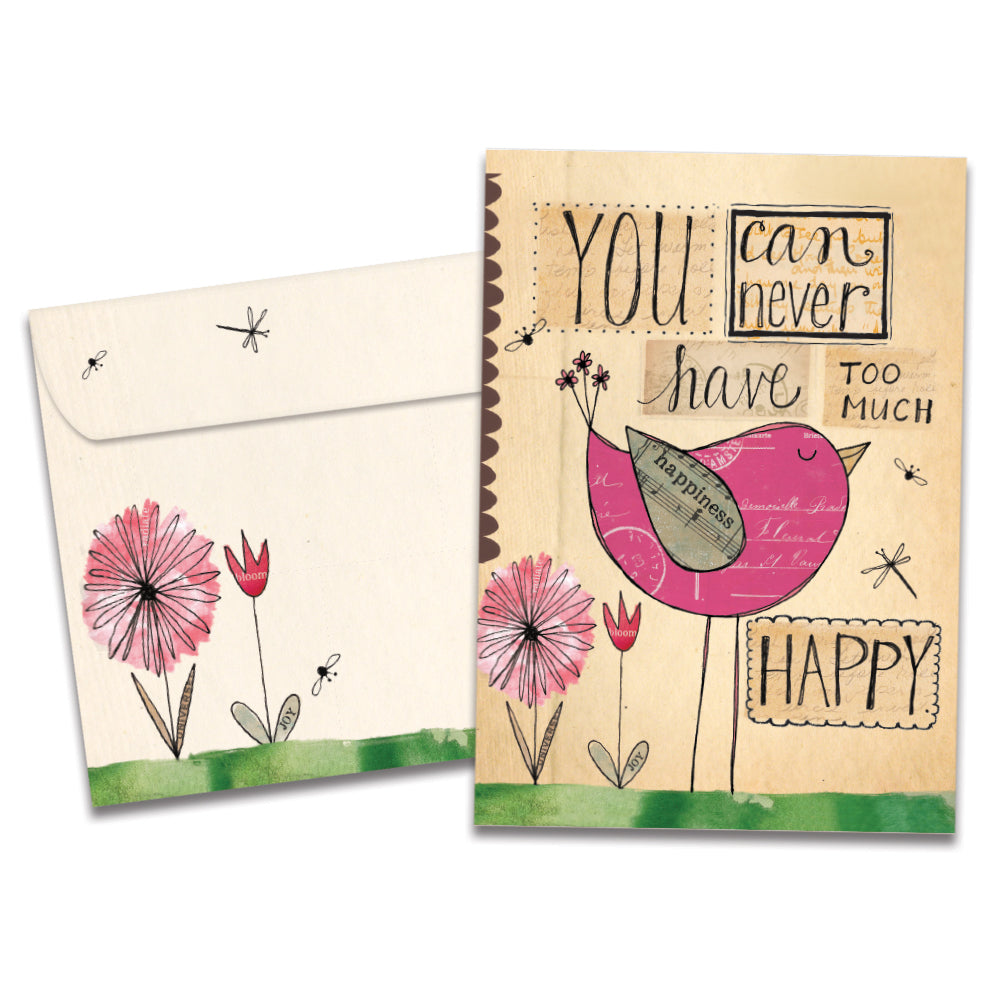 The cover of Tree-Free's Never Too Happy card, along with its matching envelope.