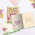 Load image into Gallery viewer, The inside of Tree-Free’s Never Too Happy card, with the cover and envelope in the background.
