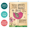 Load image into Gallery viewer, The cover of Tree-Free’s Never Too Happy card with lines demonstrating its 5x7 dimensions, along with the following text: “100% PCW recycled paper, proudly made in the USA, sustainably printed on extra-thick card stock”
